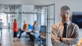  Presentation with business purpose - Theme enhanced with young-business-leader-stands and a light gray colored foreground