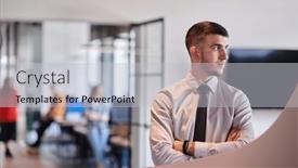  Presentation with business purpose - Presentation theme with young-business-leader-stands and a light gray colored foreground