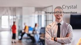  Presentation with business purpose - Presentation theme enhanced with young-business-leader-stands and a light gray colored foreground