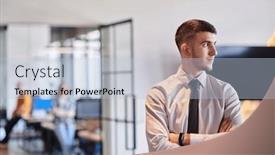  Presentation with business purpose - Slide deck featuring young-business-leader-stands and a light blue colored foreground