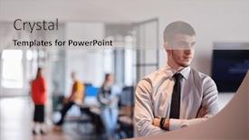  Presentation with business purpose - Slides consisting of young-business-leader-stands and a light gray colored foreground