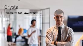  Presentation with business purpose - Presentation theme featuring young-business-leader-stands background and a light gray colored foreground