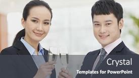  Presentation with flutes - Audience pleasing presentation design consisting of young business man and woman toasting with champagne flutes backdrop and a dark gray colored foreground