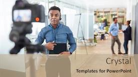  Presentation with coach - Slide set having young-business-man-as-coach background and a coral colored foreground