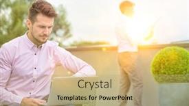  Presentation with newspaper laptop - Colorful presentation design enhanced with young business man catching up on the news on his laptop was on the og outside man reads the newspaper in the background backdrop and a coral colored foreground