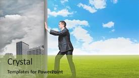  Presentation with climate change business - Beautiful theme featuring change world - image of young business man backdrop and a yellow colored foreground