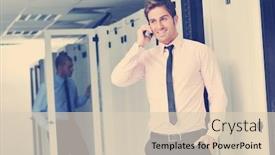  Presentation with datacenter - Slides having young business man computer science engeneer talking by cellphone at network datacenter server room asking for help and fast solutions and services background and a lemonade colored foreground