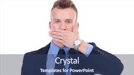  Presentation with evil - Cool new slides with young business man covering his mouth with his hand speak no evil on white background backdrop and a ocean colored foreground