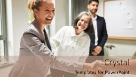  Presentation with congratulations - Presentation design having young-business-man-handshake background and a coral colored foreground