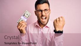  Presentation with pink business - Presentation theme having young-business-man-holding-bunch background and a coral colored foreground