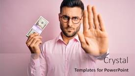  Presentation with business pink - PPT theme having young-business-man-holding-bunch background and a soft green colored foreground