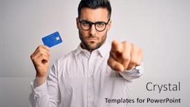  Presentation with business card - Colorful slide deck enhanced with young-business-man-holding-credit backdrop and a light gray colored foreground