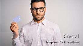  Presentation with smart card - Slide set with young-business-man-holding-credit background and a light gray colored foreground