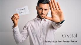  Presentation with news paper - PPT layouts enhanced with young-business-man-holding-fake background and a light gray colored foreground