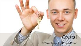  Presentation with business man climbs up to the top of 3d success stairs steps - Audience pleasing presentation theme consisting of young business man holding keys backdrop and a coral colored foreground