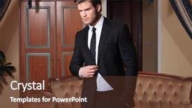  Presentation with business hotel - Colorful presentation design enhanced with young business man holding a hand in his pocket and one on his jacket's button while looking away from the camera in a vintage hotel room backdrop and a tawny brown colored foreground