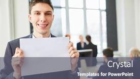  Presentation with young business man - Presentation theme consisting of labor market - young business man holds empty background and a gray colored foreground