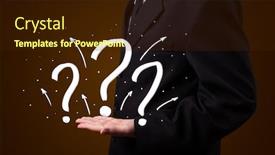  Presentation with question marks - Cool new slide set with young business man in suit presenting hand drawn question marks backdrop and a wine colored foreground