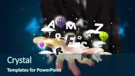  Presentation with magical - Audience pleasing slide set consisting of young business man in suit presenting magical clouds with letters and balloons concept backdrop and a navy blue colored foreground