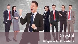  Presentation with team leader - PPT theme enhanced with young business man leader screaming of joy in front of his successful team background and a gray colored foreground