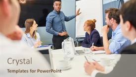  Presentation with young business man - PPT layouts enhanced with young-business-man-presenting-project background and a lemonade colored foreground