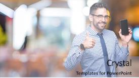  Presentation with smartphone - Cool new PPT theme with young business man showing smartphone backdrop and a  colored foreground