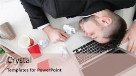  Presentation with young business man - Presentation design enhanced with young business man sleeping on table at workplace background and a lemonade colored foreground