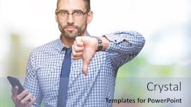  Presentation with business environment using laptops globe - Cool new PPT theme with young-business-man-using-smartphone backdrop and a light blue colored foreground