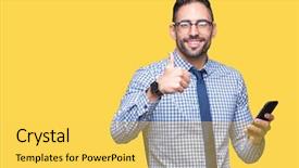  Presentation with business environment using laptops globe - Amazing PPT layouts having young business man using smartphone backdrop and a yellow colored foreground