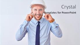  Presentation with music business - Colorful presentation theme enhanced with young-business-man-wearing-contractor backdrop and a sky blue colored foreground