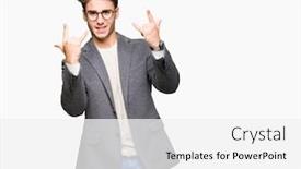  Presentation with music business - Slide set consisting of young business man wearing glasses over isolated background shouting with crazy expression doing rock symbol with hands up music star heavy concept background and a white colored foreground