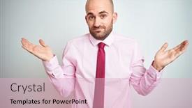  Presentation with pink business - Slide deck having young business man wearing pink tie over isolated background clueless and confused expression with arms and hands raised doubt concept background and a lemonade colored foreground
