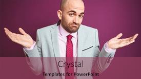  Presentation with purple business - Colorful presentation enhanced with young business man wearing suit and tie over purple isolated background clueless and confused expression with arms and hands raised doubt concept backdrop and a violet colored foreground