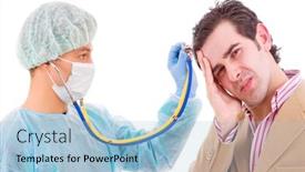  Presentation with medical business - Audience pleasing PPT theme consisting of young business man whith a headache in a medical exame isolated on white backgound backdrop and a light blue colored foreground