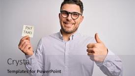  Presentation with pay - Colorful presentation design enhanced with young-business-man-with-blue backdrop and a light gray colored foreground