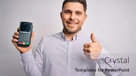  Presentation with terminal - Colorful slides enhanced with young-business-man-with-blue backdrop and a light gray colored foreground