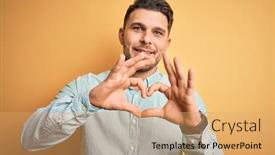  Presentation with romantic love - PPT theme featuring young-business-man-with-blue background and a coral colored foreground