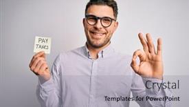  Presentation with pay - Cool new presentation theme with young-business-man-with-blue backdrop and a light gray colored foreground