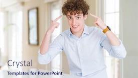  Presentation with great idea - Audience pleasing PPT theme consisting of young business man with curly read head smiling pointing to head with both hands finger great idea or thought good memory backdrop and a sky blue colored foreground