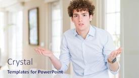  Presentation with young business man - Amazing slide set having young business man with curly read head clueless and confused with open arms no idea concept backdrop and a sky blue colored foreground