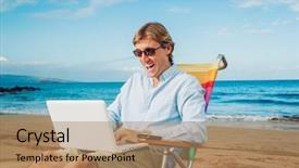  Presentation with working remotely - Theme enhanced with young business man working remotely background and a  colored foreground