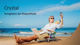  Presentation with working remotely - Colorful slide deck enhanced with young business man working remotely backdrop and a teal colored foreground