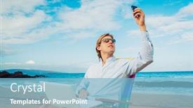  Presentation with working remotely - Slide deck featuring young business man working remotely on tropical beach background and a light blue colored foreground