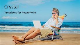  Presentation with working remotely - Colorful PPT theme enhanced with young business man working remotely backdrop and a light blue colored foreground