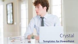  Presentation with business profile - Beautiful slide deck featuring young business man working with computer laptop at the office looking to side relax profile pose with natural face with confident smile backdrop and a sky blue colored foreground