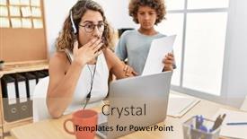  Presentation with working mother - Presentation theme consisting of young-business-mother-working background and a coral colored foreground