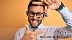  Presentation with customer service - Amazing PPT layouts having young-business-operator-man-wearing backdrop and a coral colored foreground