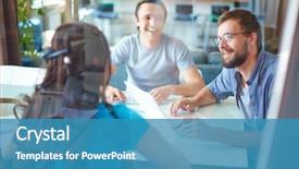  Presentation with partners - Beautiful slide set featuring young business partners discussing ideas backdrop and a teal colored foreground