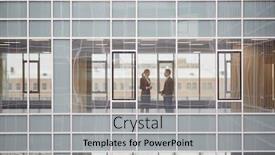  Presentation with talk - Presentation featuring young business partners having talk on one of floors of modern office-center with large window background and a light gray colored foreground