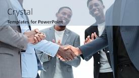  Presentation with employees - PPT theme with young-business-partners-shaking-hands background and a light blue colored foreground